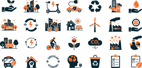 Fototapeta premium Green city editable stroke outline icons set isolated on white background flat vector illustration