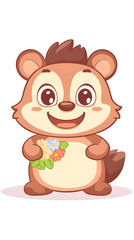 Fototapeta premium Cute cartoon raccoon holding flowers