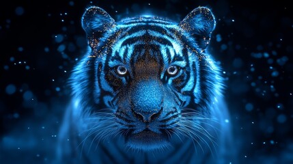 Minimalist holographic tiger from zodiac floating above dark futuristic soft glowing background