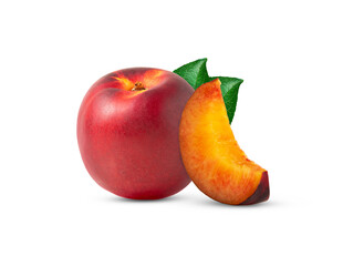 Fresh nectarine peach and cut in a slice with green leaf isolated.