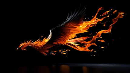 Simple clean lines silhouette of a fiery phoenix rising upwards against a solid black background