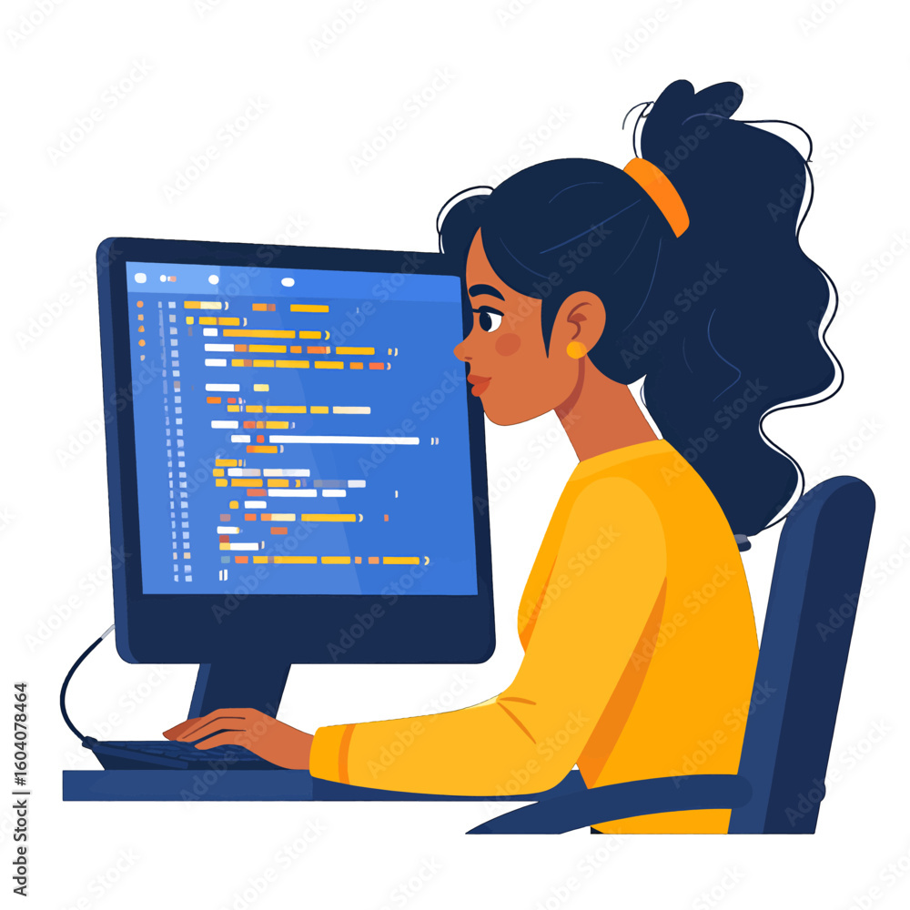 Aufkleber focused female programmer with a ponytail and yellow sweater writing code on a computer.