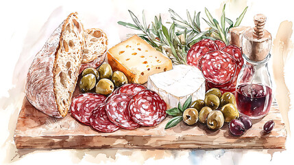 A watercolor illustration of a rustic charcuterie board with assorted cheeses, cured salami, olives, and crusty bread, presented as a gourmet appetizer.