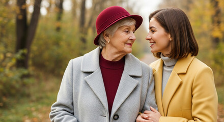 Two women one elderly with a hat and one younger walk outdoors in autumn looking at each other and smiling warmly