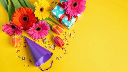 Bright birthday celebration with flowers gift and party hat
