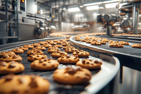 High-tech food production line featuring industrial spiral conveyor belt for cookie processing