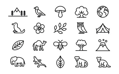 Nature & Wildlife Line Icons: Mountains, Animals, Plants, Forest, Earth & Environment Vector Set