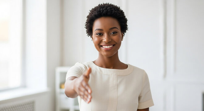 A smiling black woman extends her hand forward for a handshake looking directly at the camera with a welcoming expression