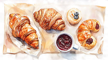 Artistic watercolor illustration of a continental breakfast. Top view of fresh pastries, including golden croissants and a blueberry muffin, with a cup of berry jam on parchment paper.