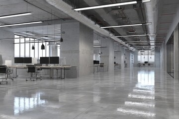 Modern, open-plan office space with exposed concrete