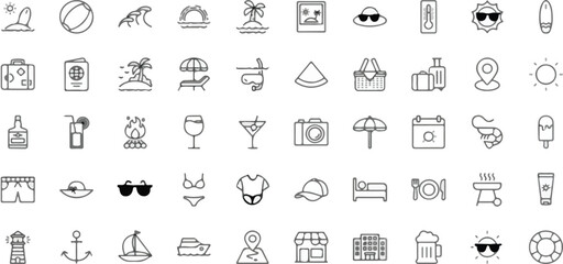 Summer vacation and holiday icons collection with transparent style for design projects