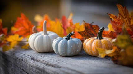 Rustic Autumn Display Featuring Three Miniature Pumpkins and Colorful Foliage