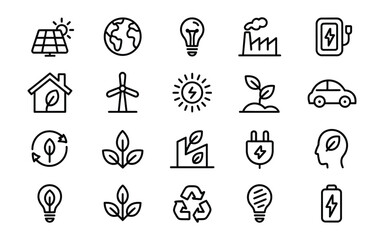 Fototapeta premium Renewable Energy & Eco-Technology Icons: Sustainable Power, Green Solutions & Environmental Protection Vector