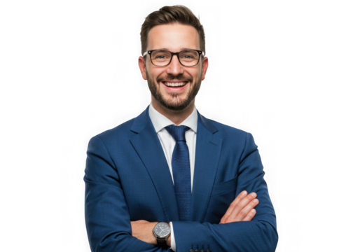 Portrait of a smiling man in blue suit with arms crossed on transparent background