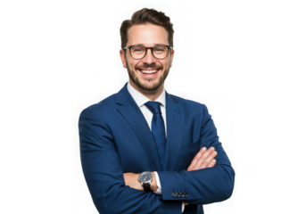 Man smiling in a blue suit with arms crossed on dark backdrop on transparent background