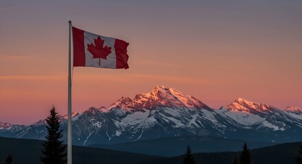 Canadian Flag at Sunset, Majestic Mountain Panorama