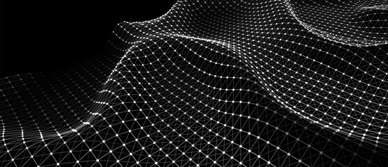 Abstract digital background of points and lines. Glowing white plexus or wave. Big data. Network or connection. Abstract technology science background. 3d vector illustration.