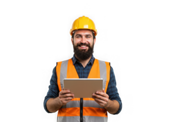 Man with beard in safety vest holding tablet smiles at camera on transparent background