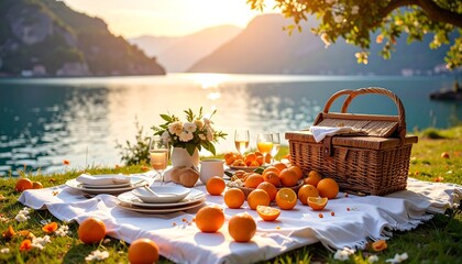 Picnic by the Lake with Fruit and Flowers at Sunset
