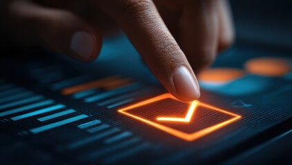 Finger touches glowing checkmark on interactive display