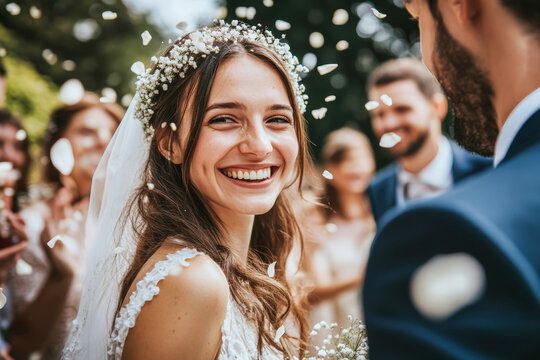 Joyful couple celebrates love outdoors, surrounded by smiling friends and a confetti shower in the sunlight - Powered by Adobe