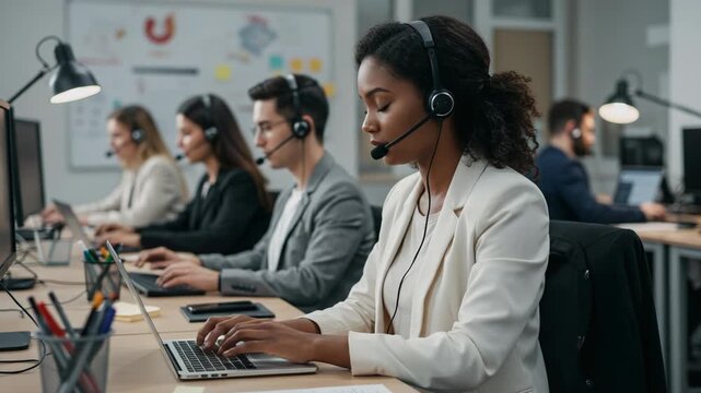 A diverse team of customer service representatives working in a modern call center office - Powered by Adobe