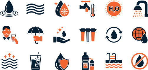 Water concept editable stroke outline icons set isolated on white background flat vector illustration