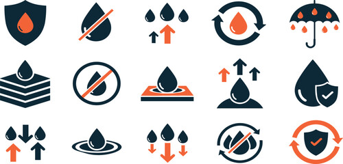 Waterproof and repellent surface editable stroke outline icons set isolated on white background flat vector illustration.