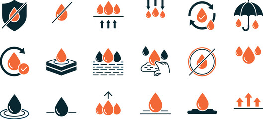 Waterproof and repellent surface editable stroke outline icons set isolated on white background flat vector illustration