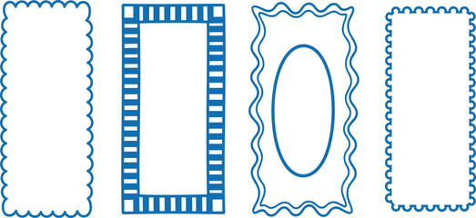 Wavy edge and checkerboard frame box vector illustration isolated on white. Squiggle curve doodle rectangle and oval sketch