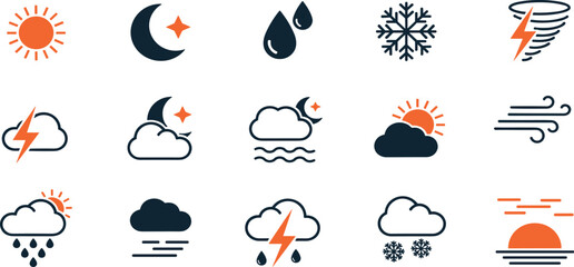 Weather editable stroke outline icons set isolated on white background flat vector illustration