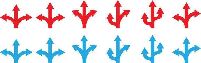 Road Traffic Direction arrow icon set.Direction arrows on the highway.Road navigation arrows. Path direction arrows.You-turn, left, right, two way, three way transportation direction arrow symbol.