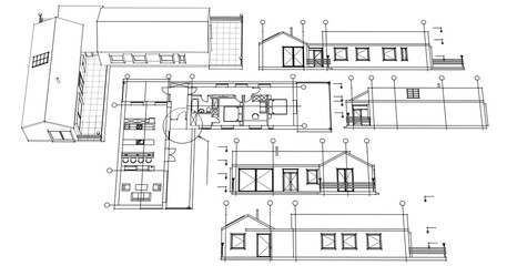 house architectural project sketch 3d illustration	
