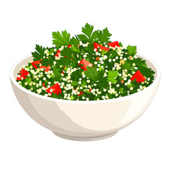 Fresh Tabbouleh salad with parsley, diced tomatoes, and bulgur wheat in a white ceramic bowl.