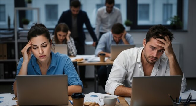Overworked office team struggling with deadlines and stress in late night work environment