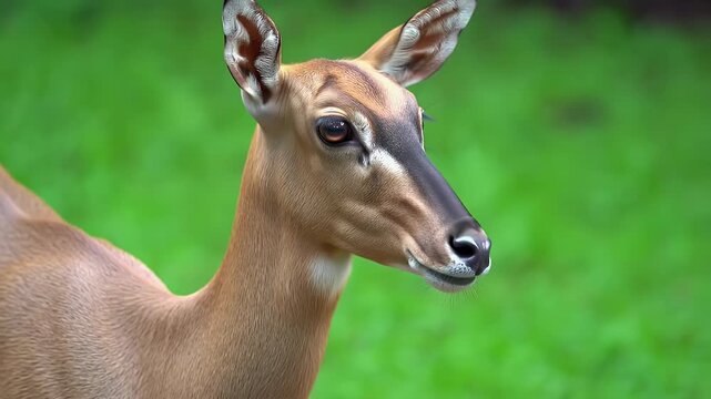 Close-up Portrait of a Female Nilgai Antelope with Expressive Eyes Against a Vibrant Green Background in Natural Habitat