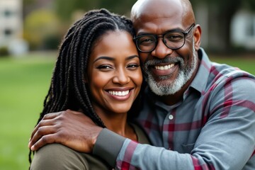 Smiling African American Couple Embraces Outdoors