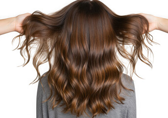 Naklejka premium Woman with brown wavy hair holding it up with both hands back on transparent background