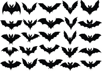 A collection of black silhouette flying bats with outstretched wings in various dynamic poses against a white background