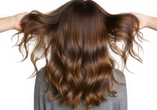 Woman with brown wavy hair holding it up with both hands back on transparent background