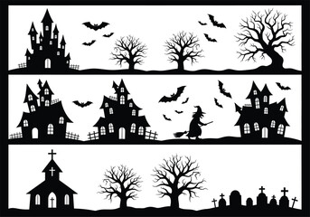 Spooky halloween silhouettes featuring haunted houses witches flying bats bare trees and a graveyard