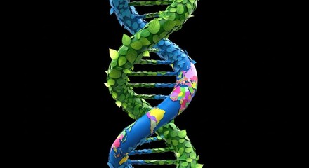 A vibrant dna helix intertwined with leaves and world map segments, symbolizing lifes genetic code and global evolution