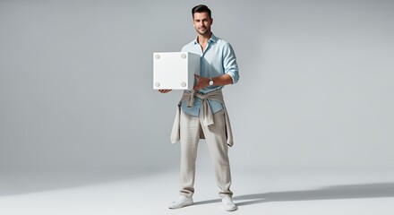 Stylish Man Holding a White Cube Against a Gray Background