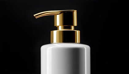 Fototapeta premium A close-up of a pump bottle with a gold lid against a black background