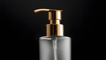 Fototapeta premium A close-up of a pump bottle with a gold lid against a black background