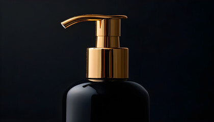 Obraz premium A close-up of a pump bottle with a gold lid against a black background
