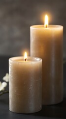 Lit pillar candles with white blossoms creating a peaceful and relaxing ambiance for meditation