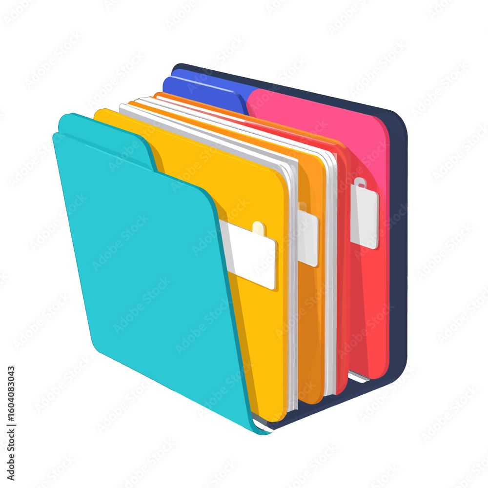 Poster isometric view of colorful office file folders filled with documents and blank tabs.