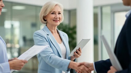 A smiling senior businesswoman shakes hands with a colleague during a successful business meeting - Powered by Adobe