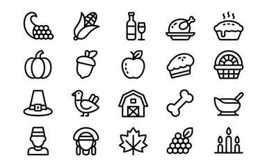 Thanksgiving & Harvest Festival Icon Set - Autumn Food, Celebration, Pilgrim, Turkey & Seasonal Elements Outline Vector Icons